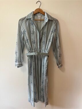 Vintage Sheer Light Blue Western Floral Shirt-Dress with Belt